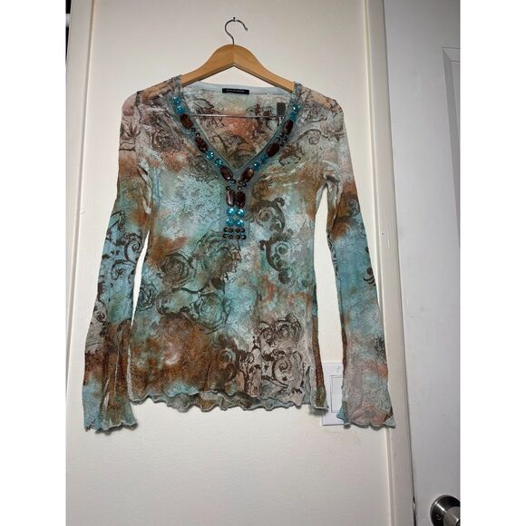 Boston Proper y2k Mesh Blouse Long Sleeve Top Sz Small Blue Brown Bedazzled Gems - Picture 2 of 6